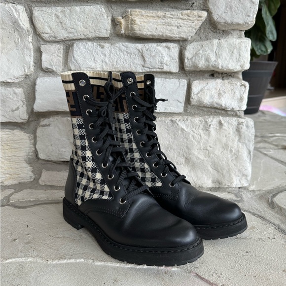 Fendi Women's Rockoko Leather Combat Biker Boots with Stretch Fabric - Picture 4 of 5